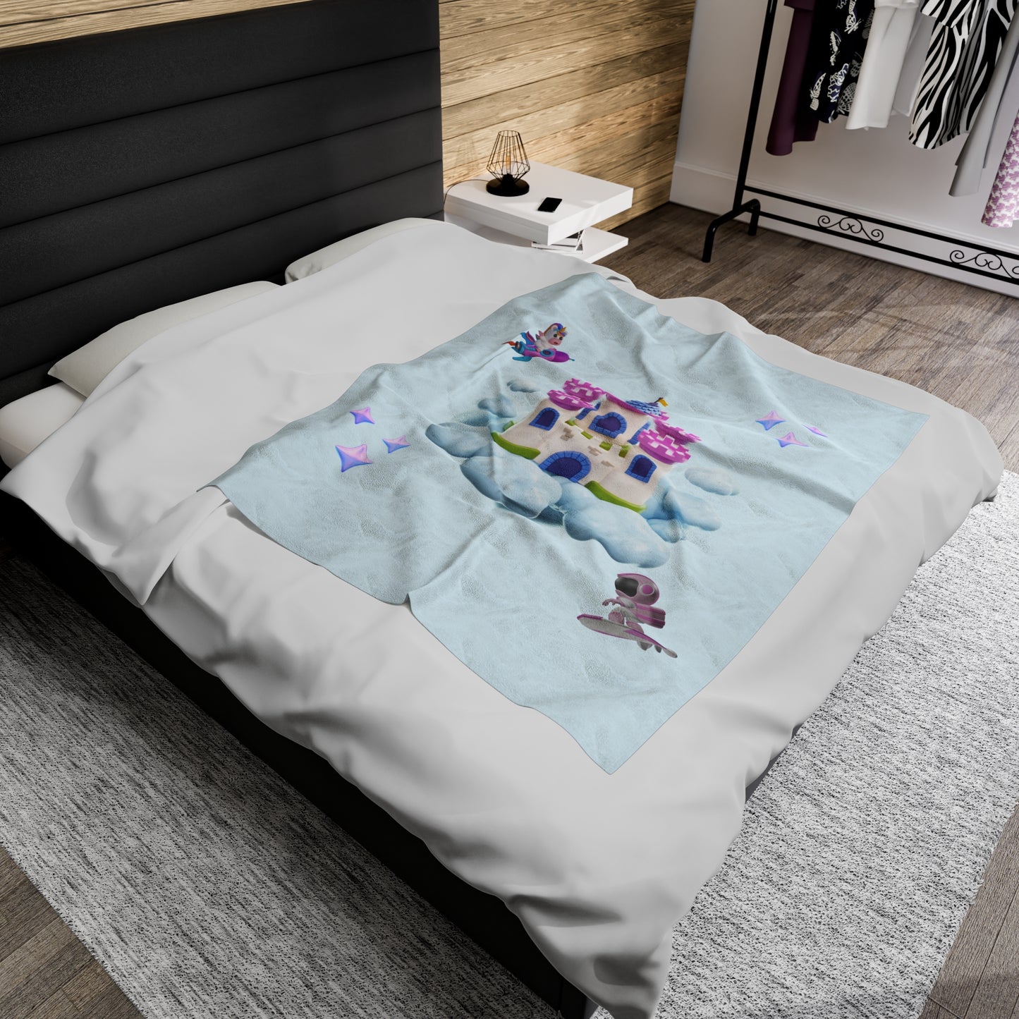 Kids Velveteen Plush Blanket - Pink Surfer and Unicorn Fantasy Castle Scene