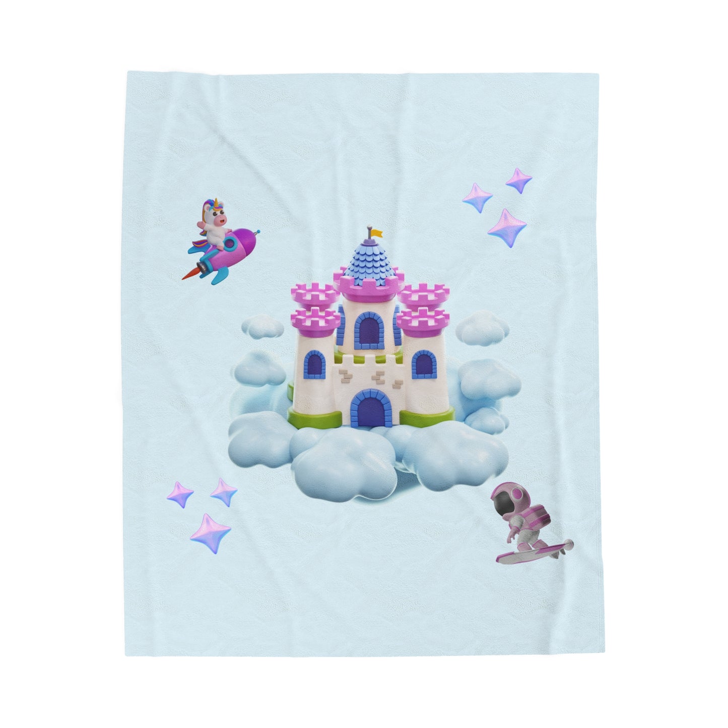 Kids Velveteen Plush Blanket - Pink Surfer and Unicorn Fantasy Castle Scene