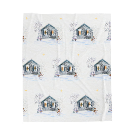 Velveteen Plush Blanket - Cozy Cabin and Snowman