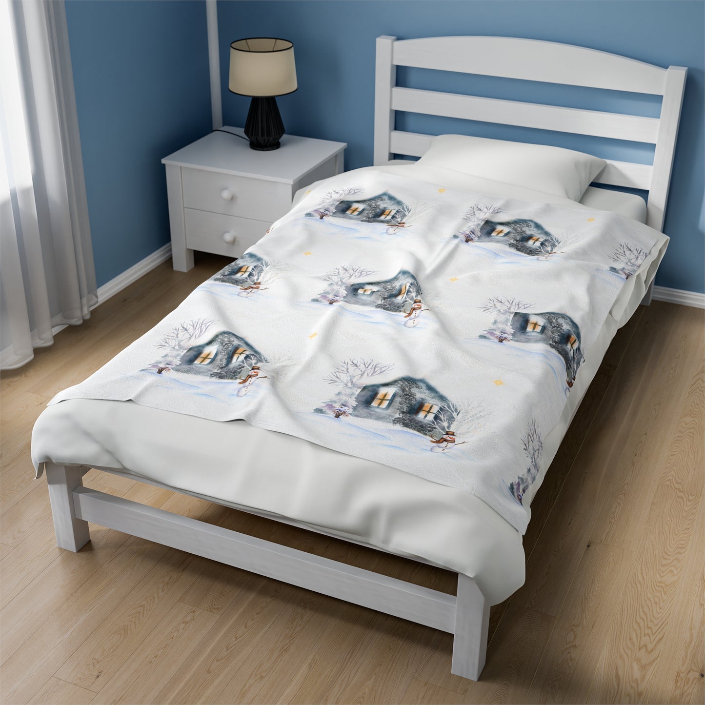 Velveteen Plush Blanket - Cozy Cabin and Snowman