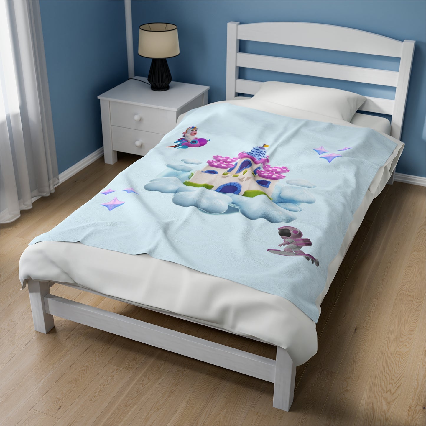 Kids Velveteen Plush Blanket - Pink Surfer and Unicorn Fantasy Castle Scene