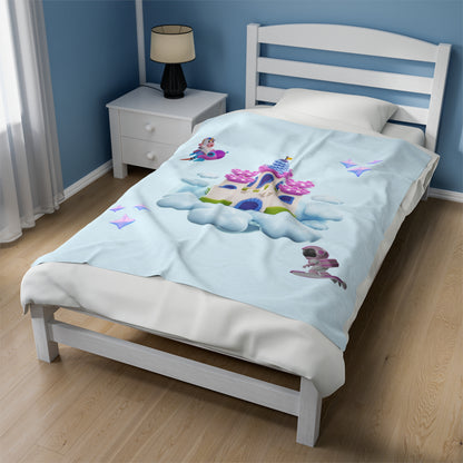 Kids Velveteen Plush Blanket - Pink Surfer and Unicorn Fantasy Castle Scene