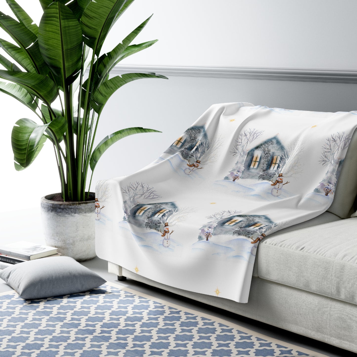 Sherpa Fleece Blanket - Cozy Cabin and Snowman