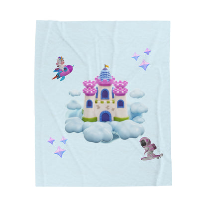 Kids Velveteen Plush Blanket - Pink Surfer and Unicorn Fantasy Castle Scene